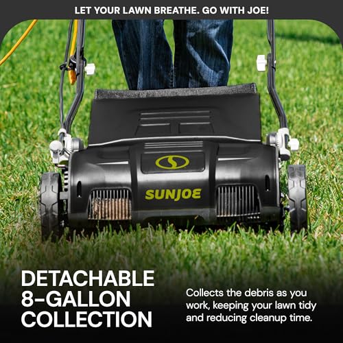 Sun Joe Corded Electric Dethatcher & Scarifier with 8-Gal Bag, 12.6-Inch Cutting Width, 12-Amp Motor - Heavy-Duty Yard Trimmer for Gardening Care and Lawn Maintenance, AJ801E