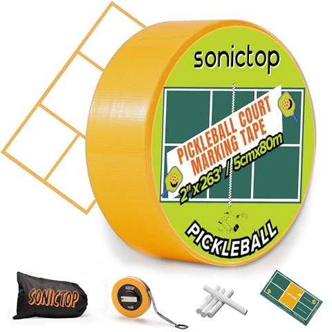 SONICTOP Pickleball Court Marking Kit, 2" x 263 ft Lengthened Pickleball Court Tape 5PCS Set Makes Full Size Outdoor Court Yellow Tape for Temporary Court Lines No Residue Easy Installation(Yellow)