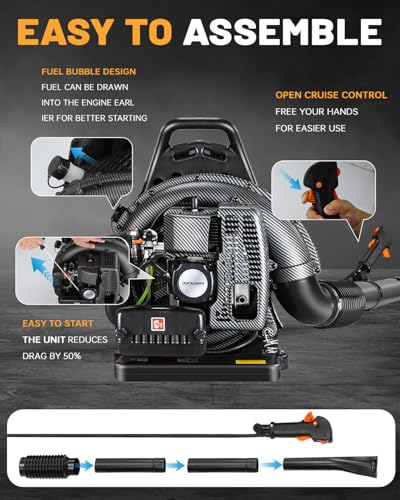 72CC Gas Backpack Leaf Blower - 2-Stroke Handheld-Class V Engine, 230 MPH 760 CFM, Adjustable Speed, Low Noise & Ergonomic Design, Cruise Control for Fast Yard Cleanup (Black)