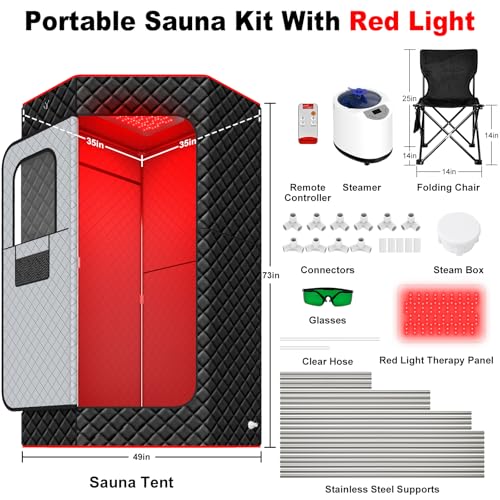 XL Infrared Sauna Box with True 660 & 850nm Red Light Therapy Lamp, Portable Red Light Sauna for Home, Full Body Steam Tent with 3L 1200w Steamer, 15 Levels Heat, Chair, Remote
