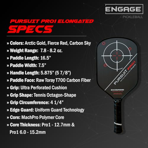 Engage Pursuit Pro1 Elongated Carbon Fiber Pickleball Paddle - 8.0 oz, 13mm MachPro Core, Raw Carbon Fiber, Made in USA (Fierce-Red, Elongated)