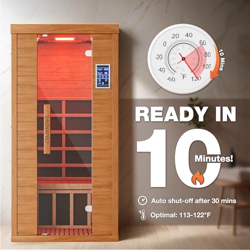 Saunapro 1- Person Infrared Sauna, Remotely Controllable Indoor Sauna, Low EMF 1200W/120V LCD Heater, WiFi & BT Control, 9-Color Light Therapy, Safe Flame-Retardant Material, Wood