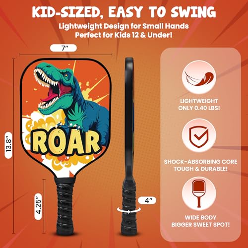 Dany x Kevin Kids Pickleball Paddle – Dinosaur Design for Ages 3–12 | Lightweight Fiberglass (0.37 lbs) | Small Grip for Easy Control | Fun Beginner Gift for Boys, Girls, Toddlers & Youth