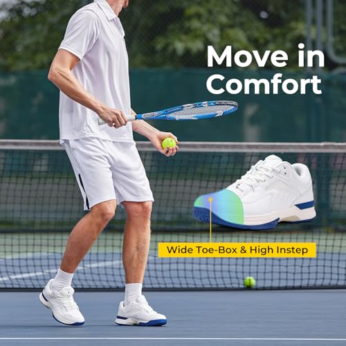 FitVille Men‘s Wide Pickleball Shoes All Court Tennis Shoes with Arch Support for Plantar Fasciitis (White, 10.5 Wide)
