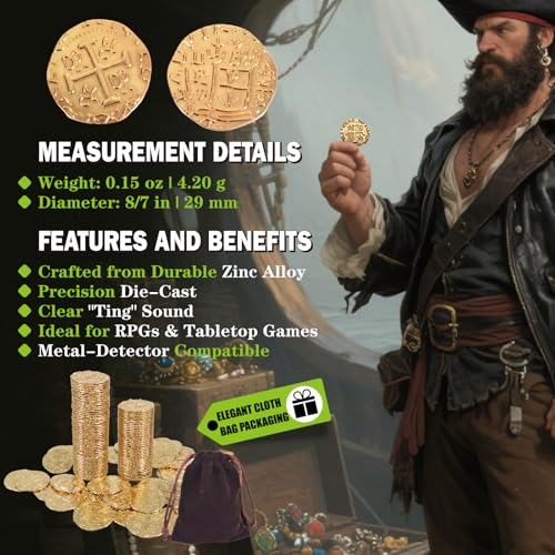 Large Metal Pirate Coins Gold Treasure Coin Set, Metal Replica Spanish Doubloons for Board Games, Tokens, Toys, Cosplay – Realistic Money Imitation for Treasure Chest -Large Size 1.18" (Gold 40 PCS)
