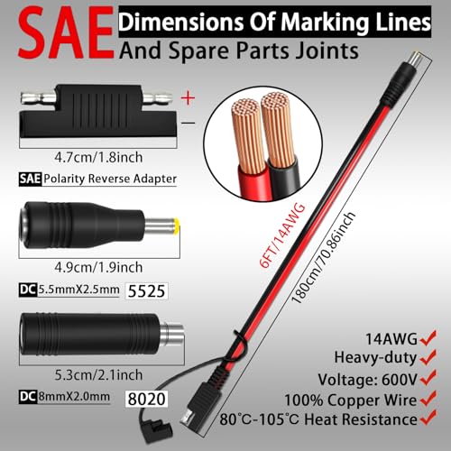 COMeap 6FT 1.8M SAE to DC8mm Male Adapter for Jackery Solar Panel, with Polarity Reverse Adapter DC7909 to DC5525/DC8020 Converter for Explorer/GZ Portable Power Station Solar Generator 14AWG