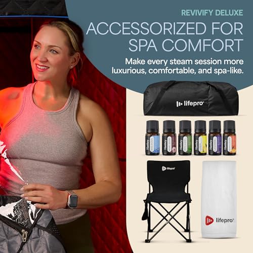 Lifepro Revivify Deluxe Sauna with Red Light Therapy – Full Body Steam Room with 2.6L Steamer, Adjustable Heat Levels & Essential Oils – Easy-to-Use Portable Infrared Sauna for Home