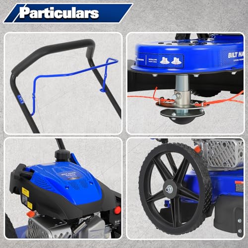 BILT HARD Walk Behind String Trimmer, 170cc 4-Cycle Gas Brush Hog Mower, 22 Inch Cutting Diameter, Push Weed Eater with 14 Inch Flat Free Wheels, Brush Cutter for Farm, Lawn, Yard