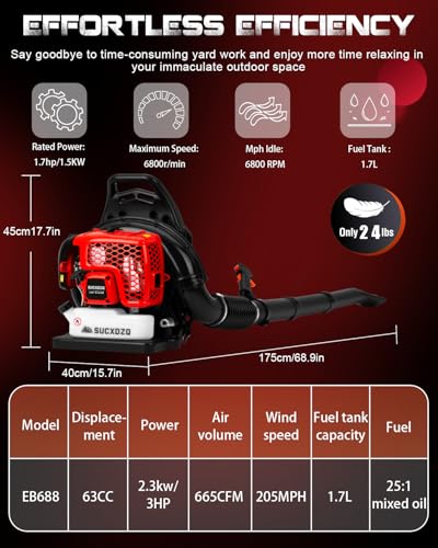 EIDOWA 63CC Gas Backpack Leaf Blower – 665 CFM, 205 MPH, Commercial-Grade Gas Blower for Landscaping, Snow Removal, and Heavy-Duty Yard Work – Lightweight, Quiet for Residential Areas (686 RPO)