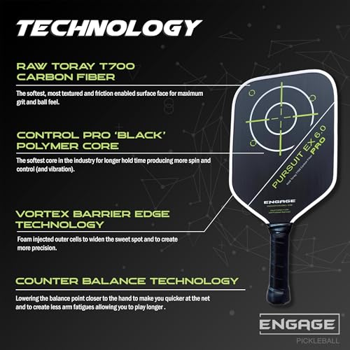 Engage Pursuit Pro EX 6.0 Pickleball Paddle – Widebody Shape, Raw T700 Toray Carbon Fiber Face, 16mm Control Pro Black Core (Alpine Lime, Standard (8.1-8.5oz))