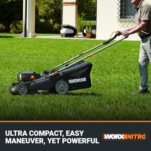 WORX Nitro 16" Cordless Lawn Mower, 2 in 1 Electric Mower with with Brushless Motor, Lightweight Push Lawn Mower for 1/4 Acre, 2 Batteries & Charger Included, WG737