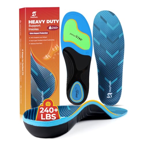 StepTastic 240+ LBS Heavy Duty Support Insoles for Men Women, Orthotic Insert for Plantar Fasciitis, Flat Feet, High Arch Support, Shock Absorbing, Cuttable, 1 Pair(Blue,M11.0-12.5/W12.0-13.5)
