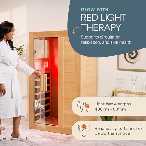 LifePro Rejuvacure Cozy Far Infrared Sauna with Red Light Therapy – 1 Person Home Sauna, 7 Carbon Fiber Heaters, Canadian Hemlock, Bluetooth & Chromotherapy – Indoor Relaxation & Wellness
