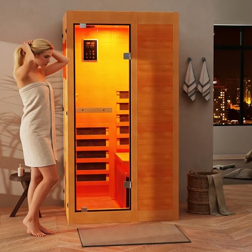 ROCSUMOO Infrared Sauna for 1 Person, Wooden Dry Sauna Room with backrest, 960W/120V Low EMF Indoor Saunas with Control Panel, 7-Color Therapy&Timer, Bluetooth Speakers for Home