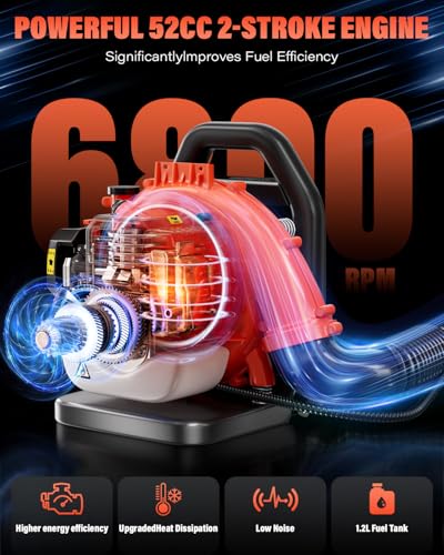 Snoonwee Backpack Leaf Blower Gas Powered – Commercial 52cc 2-Stroke Engine, 200 MPH & 550 CFM Heavy Duty Blower for Lawn Care, Debris & Snow (A808-2)