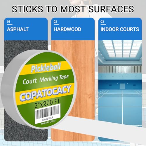 Pickleball Court Tape - 2" x 200 ft, Outdoor Pickleball Marking Kit, White Tape for Temporary Court Lines - No Residue Easy to Apply & Remove - Perfect for Pickleball Court, Gym, Driveway, Backyard