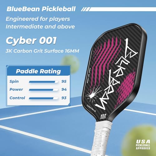 Pickleball Paddles,USAPA,Carbon Fiber Pickleball Paddle with 16MM Polymer Honeycomb Core Provides Lighter Weight&Higher Grit&Spin,Engineered for Professional Players,BlueBean (Neon Pink)