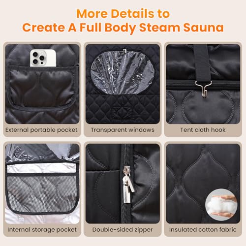 Portable Sauna for Home, Upgraded Personal Steam Sauna Box with 3L 1300W Steamer, Folding Chair, Extra Large Size Foldable Home Sauna 3’X 3’X 5.9’, Full Body Sauna Tent for Relaxation Spa, Black