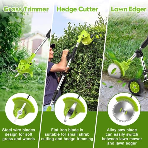 6 Inch Electric Weed Wacker with Wheels, Lightweight Electric Weed Eater, 650W High Power 8500 RPM,4000mAh Battery Powered Weed Eater, Multifunctional Grass Trimmer Lawn Tool,Green