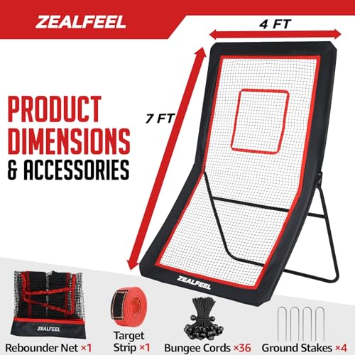 ZEALFEEL Lacrosse Rebounder, 4x7FT Volleyball Rebounder for Backyard with 5 Rebound Angles, Target Strip, Lacrosse Rebound Net Perfect for Lax Baseball Volleyball & Soccer Practice