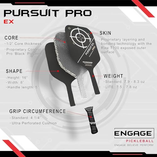 Engage Pursuit Pro EX Pickleball Paddle – Widebody Shape, Raw Carbon Fiber Face, 13mm Control Pro “Black” Core, Vortex Barrier Edge Technology – Jessie Irvine Signature – Lightweight