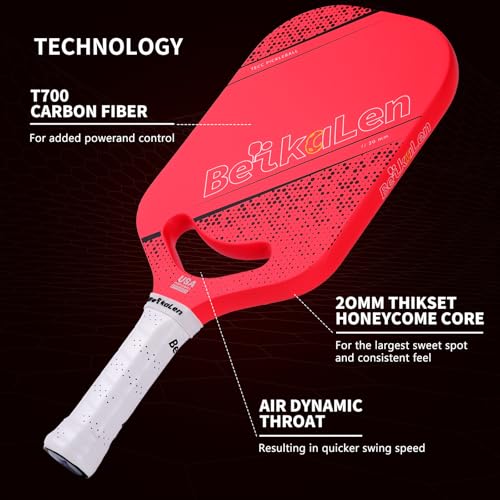 BKL BeikaLen USAPA Carbon Fiber Pickleball Paddle | T700 Carbon Friction Surface Pickleball Paddle | 20mm Honeycomb Core | The Pickle Ball Paddle Designed for Unmatched Control and Added Power RedN