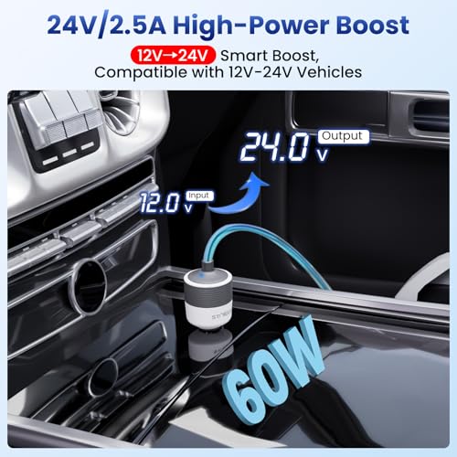 STARGEAR Starlink Mini Car Adapter 12V to 24V DC Step Up Converter with 60W Car Cigarette Lighter Adapter, Starlink Mini 12V Adapters Supports 16 AWG Official 30M, Ideal for RV, Boat, Trailer