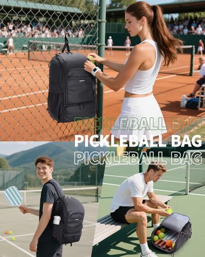 sportsnew Pickleball Bag, Waterproof Pickleball Backpack for Women Men with Shoe Compartment & Fence Hook, Black Patent Pending