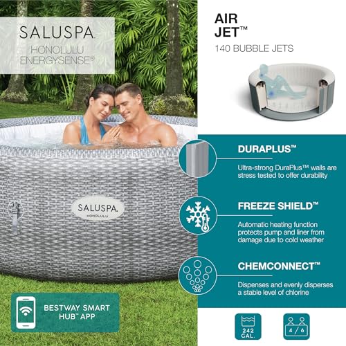 Bestway SaluSpa Honolulu AirJet Large Round 4 to 6 Person Inflatable Hot Tub Portable Outdoor Spa with 140 AirJets and EnergySense Cover, Grey