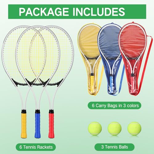 Motionchic 6 Pcs Tennis Rackets for Adult Recreational 6 Players 27'' Tennis Racket Set with 3 Balls Lightweight Tennis Rackets for Tennis Training Beginner with Overgrip and Bag(Red)