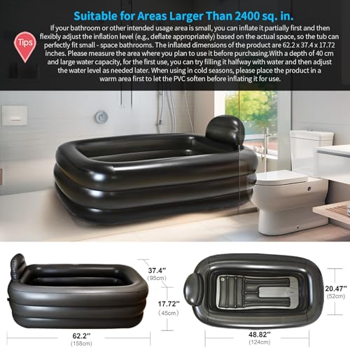 Inflatoast Portable Bathtub for Adults with Cover - Ice Bath & Hot Tub for Athletes Recovery, Home SPA - Large Inflatable Bathtub 62.2x37.4x17.72in, Includes Pump, Easy Inflate & Drain