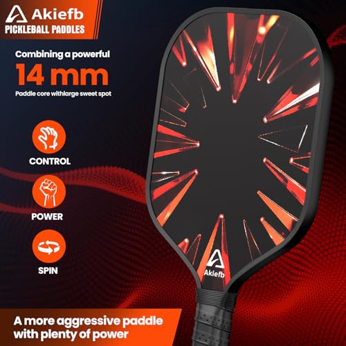 Akiefb Pickleball Paddles, T300 Carbon Fiber Pickleball Paddle with 4 Grip Tapes and a Carry Bag,14mm Polypropylene Honeycomb Core,Ideal Pickleball Training Equipment for Beginners (Flame)