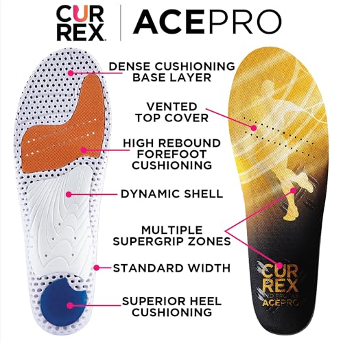 CURREX AcePro, Arch Support Insoles for Tennis, Volleyball, Racquetball, Net Sports, Increase Performance & Agility, Court Based Sports Inserts for Men & Women (High Arch, Large)