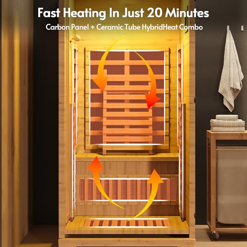 Rotihom Infrared Sauna at Home 1-2 Person with 7 Color Full Spectrum, Low EMF 1745W Fast Heating Canadian Hemlock Wood Sauna, Indoor Dry Sauna with Music Speakers for Home, Gym (3Lx3.3Wx6.3H Ft)