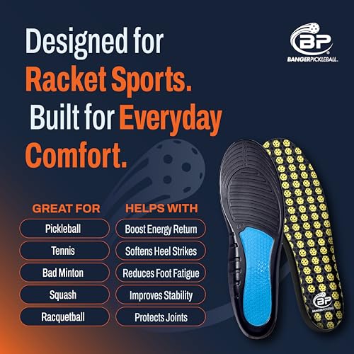 Banger CourtLoc Pickleball Insoles for Men – Low-Profile Arch Support Shoe Inserts, Lateral Stability & Plantar Fasciitis Relief Support – Trim-to-Fit, Moisture-Wicking Court Sport Insole (Men's)