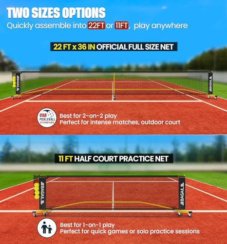 BAGAIL Portable Pickleball Net Set with Wheels, 22 FT Regulation Size & 11 FT Half Court Size 2-in-1 Pickle Ball Net with Ball Collector, Carry Bag, Easy Setup for Outdoor Indoor Driveway - Yellow