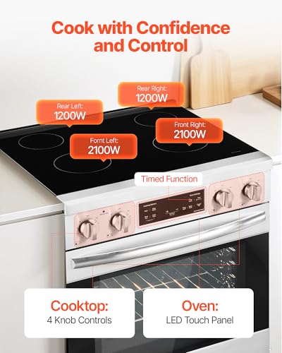 VEVOR 30in Electric Range Oven, 4.8Cu. Ft. Capacity Compact Freestanding Oven, Stainless Steel Kitchen Stove, with 4 Cooktop Burners, Easy Reach Racks, Storage Drawer, Indicator Light(No Power Cord)