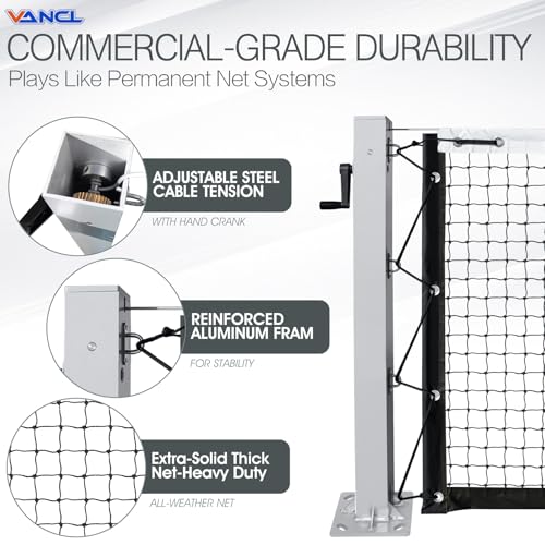 VANCL Aluminum Surface Mount Pickleball Net Heavy-Duty Rust-Proof Aluminum Posts with Hand Crank Tension System - 22ft Regulation Size - Includes Concrete Anchors & Accessories