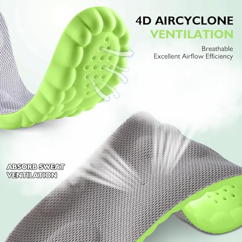 Pickleball Insoles, 4D Memory Foam Arch Support Inserts, Shock Absorbing, Anti-Slip Massage Support, Breathable Comfort for Walking & Sports(Green, Men 6-7/Women 8-9)