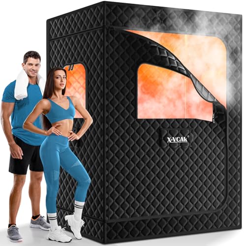 X-Vcak 2 Person Sauna, Extra Large Sauna Box, Portable Steam Sauna Tent with 2 Steamers, 2 Folding Chair, 71”x 49”x 36”, Black