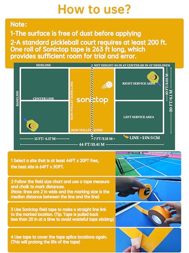 SONICTOP Pickleball Court Marking Kit, 2" x 263 ft Lengthened Pickleball Court Tape 5PCS Set Makes Full Size Outdoor Court Yellow Tape for Temporary Court Lines No Residue Easy Installation(Yellow)