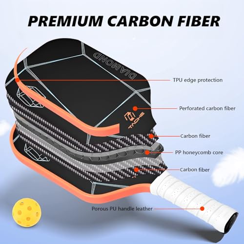 TADHG Diamond T300 Carbon Fiber Surface Pickleball Paddle Set of 2 Textured Finish Lightweight Design for Control Power Intermediate Advanced Players Includes 4 Balls, Bag, and Extra Grips (Orange)