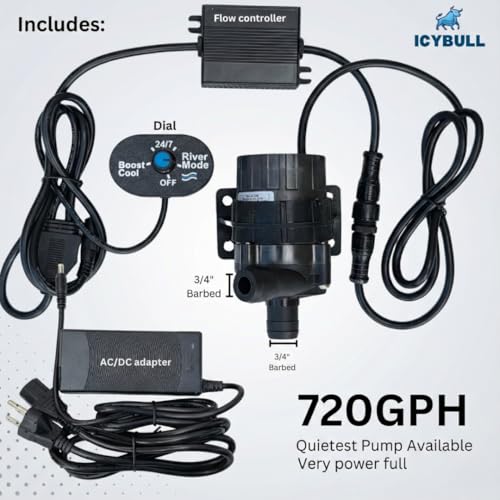 ICYBULL 720GPH Water Pump for Cold Plunge, Quiet In-Line Pump for Chiller System with Speed Controller, Boost Cool and River Mode, 3/4-Inch Barbed Connections. 100% Magnetic Drive.
