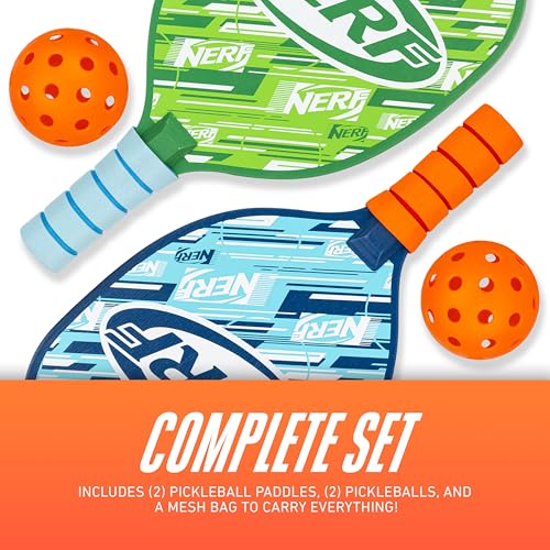 NERF 2 Player Pickleball Paddle Set - Youth Pickleball Equipment Set - (2) Wooden Paddles with Foam Grips + (2) Outdoor Balls for Kids - Carry Bag Included