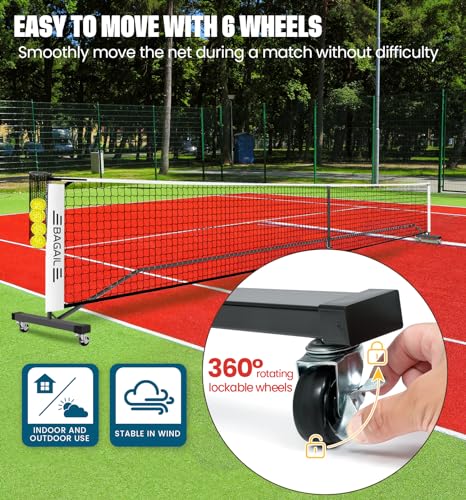 BAGAIL Portable Pickleball Net Set with Wheels, 22 FT Regulation Size & 11 FT Half Court Size 2-in-1 Pickle Ball Net with Ball Collector, Carry Bag, Easy Setup for Outdoor Indoor Driveway - White