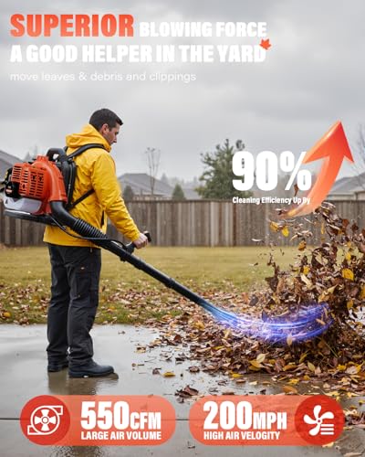 Snoonwee Backpack Leaf Blower Gas Powered – Commercial 52cc 2-Stroke Engine, 200 MPH & 550 CFM Heavy Duty Blower for Lawn Care, Debris & Snow (A808-2)