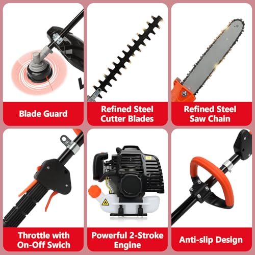 6-in-1 Gas Weed Wacker with Hedge Trimmer, 52CC 2-Stroke String Trimmer/Weed Trimmer/Brush Cutter/Edger, Weed Eater Gas Powered with Extension Pole – Weed Trimmer for Lawn & Garden Care, Orange
