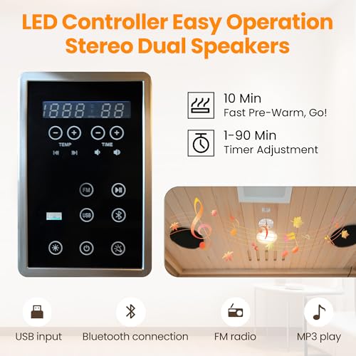 2 Person Infrared Sauna, Hemlock Wood Low EMF Infrared Saunas for Home, 1760w/120v Indoor Personal Sauna Room with Bluetooth, 7 Color Therapy Light, 7 Heating Panels