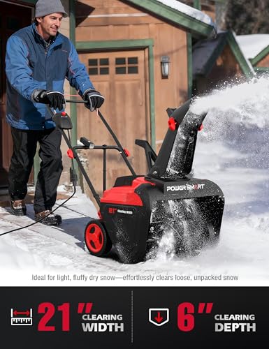 PowerSmart Electric Snow Blower, 21-Inch Corded Snow Thrower, 15-Amp, with LED Light for Yard Driveway Deck