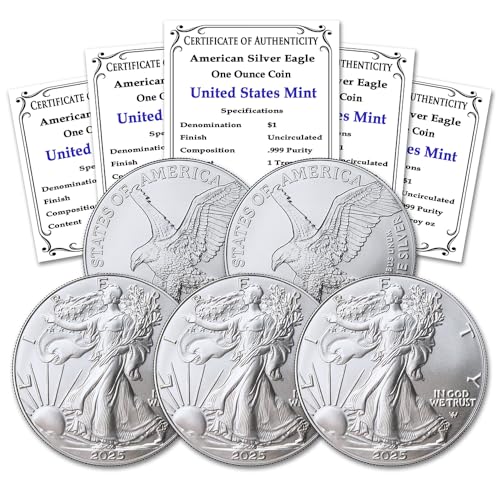 2025 - Lot of (5) 1 oz American Silver Eagle Coins Brilliant Uncirculated with Certificates of Authenticity $1 Seller BU